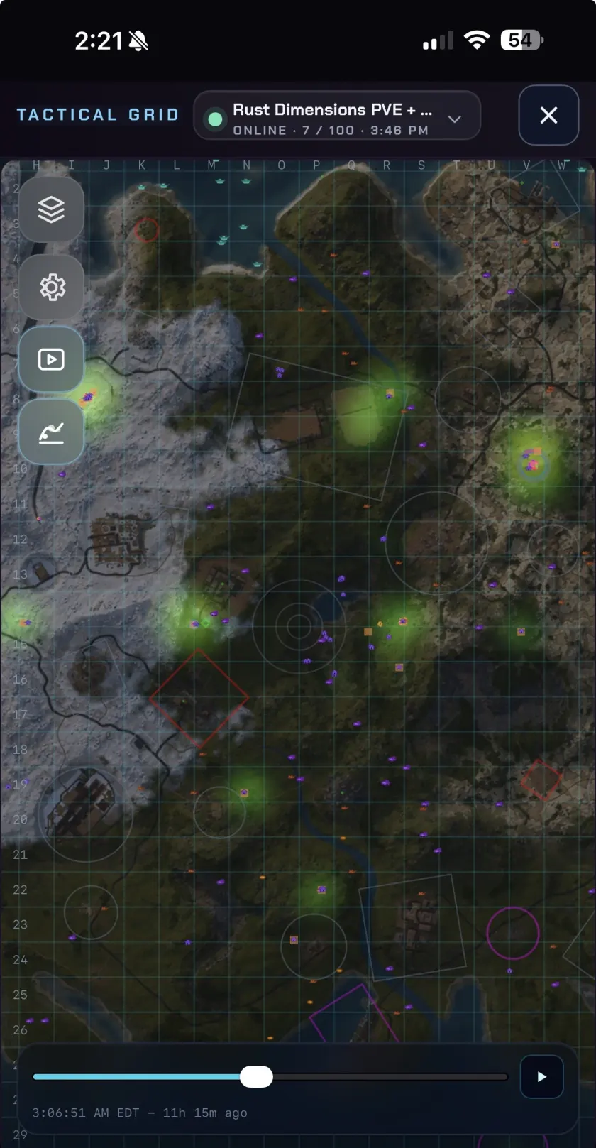 Rust Overwatch tactical grid replay timeline on mobile.