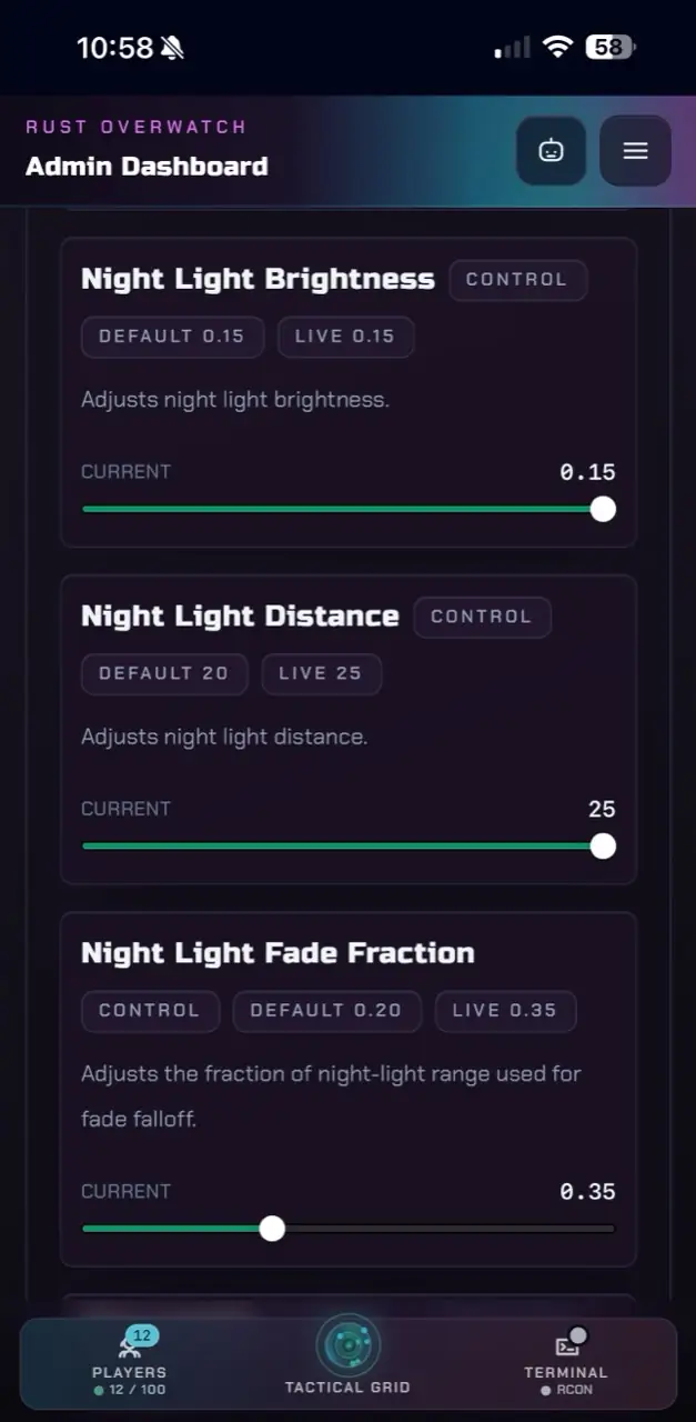 Rust Overwatch live world lighting controls on mobile.