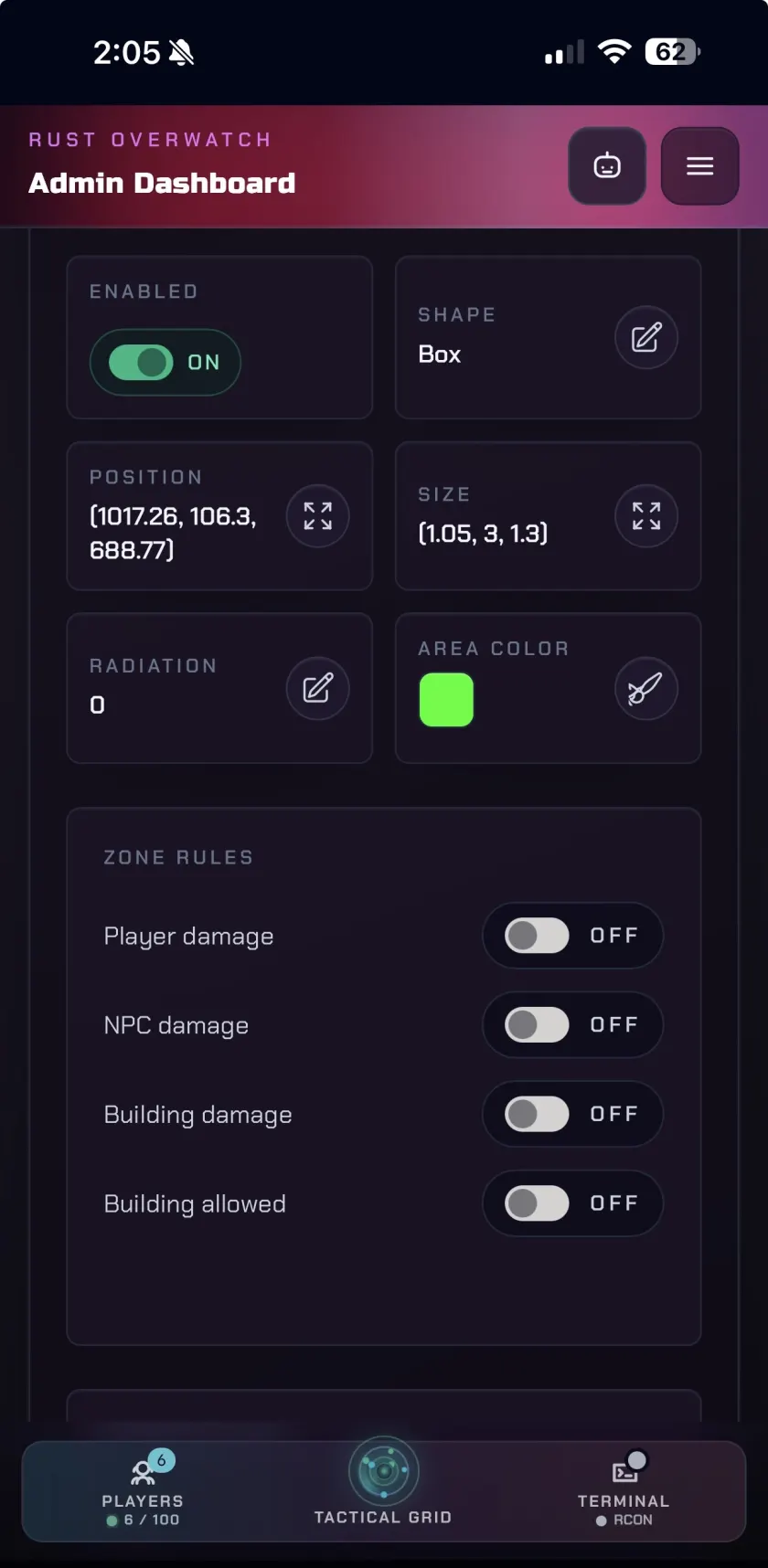 Rust Overwatch zone editor controls on mobile.